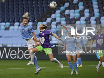  Citys. Ellen White heads a shot in the first half  during the Barclays FA Women's Super League match between Manchester City and Bristol Ci...