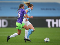 Bristols Niaomi Layzell battles with City Ellen White    during the Barclays FA Women's Super League match between Manchester City and Brist...