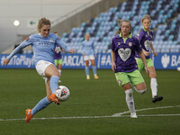  Citys Laura Coombs shoots and scores to make it 2-1 during the Barclays FA Women's Super League match between Manchester City and Bristol C...