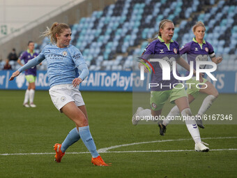 Citys Laura Coombs shoots and scores to make it 2-1   during the Barclays FA Women's Super League match between Manchester City and Bristol...