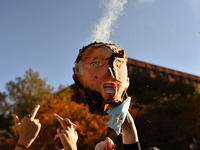 An effigy of Donald Trump is burned in effigy as New Yorkers celebrate in the streets following the announcement of Trump's defeat in the 20...