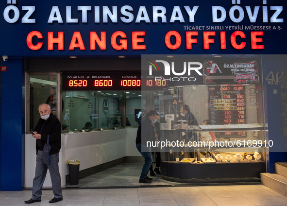 Exchange offices in Istanbul, Turkey seen on November 8, 2020. Due to the increase in exchange rates and the economic instability, people ch...
