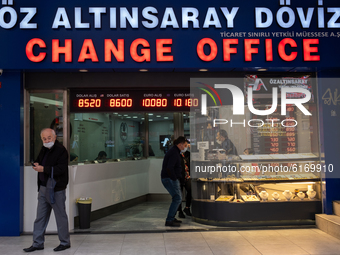 Exchange offices in Istanbul, Turkey seen on November 8, 2020. Due to the increase in exchange rates and the economic instability, people ch...