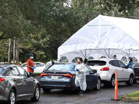 People in cars line up to receive free COVID-19 rapid tests at a drive through site at Barnett Park on November 9, 2020 in Orlando, Florida....