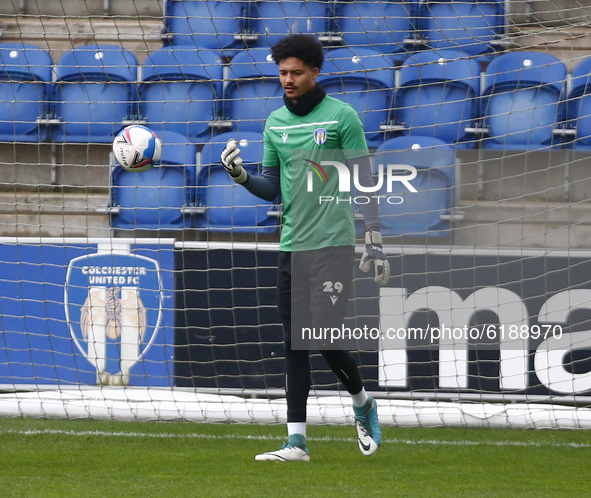 Colchester United’s Shamal George warm-Up during League Two between Colchester United and Leyton Orient at Colchester Community Stadium , Co...