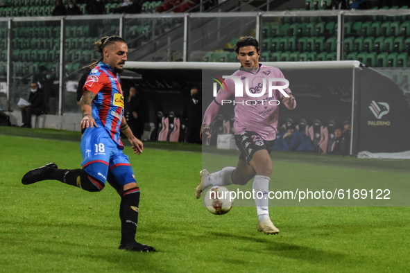 Nicola Rauti and Denis Torucci during the Serie C match between Palermo FC and Catania, at the stadium Renzo Barbera of Palermo. Italy, Sici...