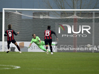 Valentina Giacinti of AC Milan scores his penalty goal during the Women Serie A match between AC Milan and AS Roma at Centro Sportivo Vismar...