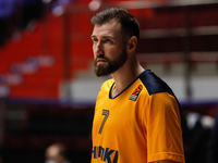 Sergey Karasev of Khimki looks on during warm-up ahead of the EuroLeague Basketball match between Zenit St. Petersburg and Khimki Moscow Reg...