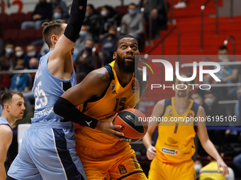 Greg Monroe (C) of Khimki in action during the EuroLeague Basketball match between Zenit St. Petersburg and Khimki Moscow Region on November...