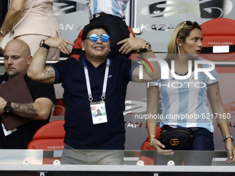 Diego Maradona and Rocio Oliva during the 2018 FIFA World Cup Russia Round of 16 match between France and Argentina at Kazan Arena on June 3...