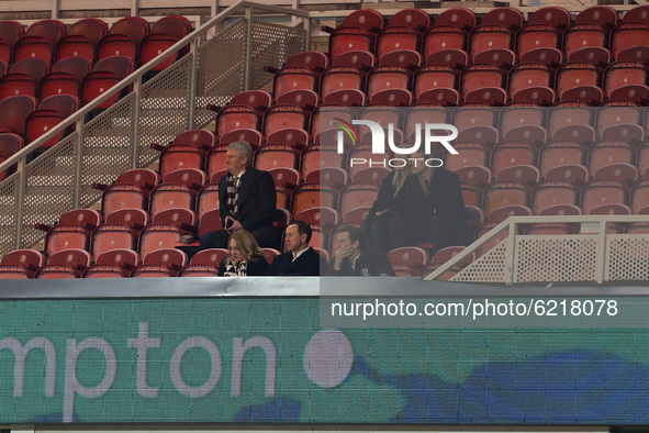 Middlesbrough Chairman Steve Gibson (bottom row centre) looks on from stands during the Sky Bet Championship match between Middlesbrough and...