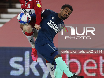 Duncan Whatmore of Middlesbrough in action with Nathan Byrne  during the Sky Bet Championship match between Middlesbrough and Derby County a...