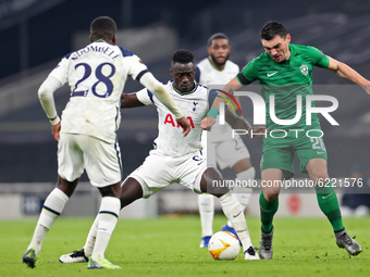 Tottenham defender Davinson Sanchez battles with Ludogorets forward Claudiu-Andrei Keseru during the UEFA Europa League Group J match betwee...