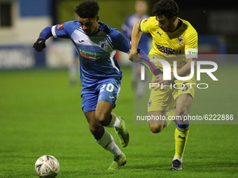  Dior Angus of Barrow in action with Wimbledon's Will Nightingale during the FA Cup match between Barrow and AFC Wimbledon at the Holker Str...