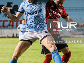  Diego Gama (R) of Tlaxcala FC  and Lucas Jaques (L) of Cancun FC in action during the match of Guard1anes 2020 Reclassification Tournament...