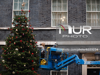 Representatives of the British Christmas Tree Growers Association (BCTGA) decorate the annual Downing Street Christmas tree outside 10 Downi...