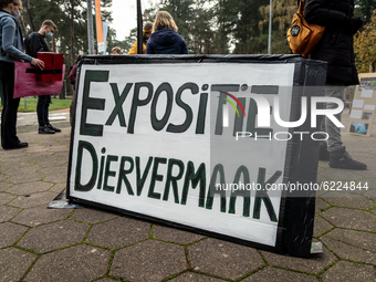 Sign exposition animal entertainment at the gate  during a demonstration of animal rights activists in Amersfoort, on November 28, 2020. At...