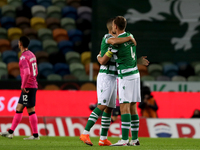 Sebastian Coates of Sporting CP (R ) celebrates a goal with Zouhair Feddal during the Portuguese League football match between Sporting CP a...