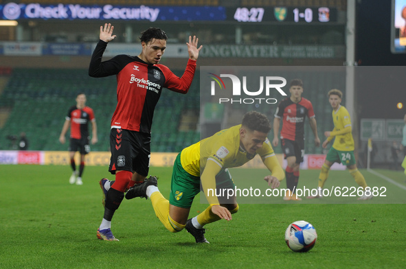  Coventrys Callum O' Hare Fouls Norwichs Max Aarons during the Sky Bet Championship match between Norwich City and Coventry City at Carrow R...