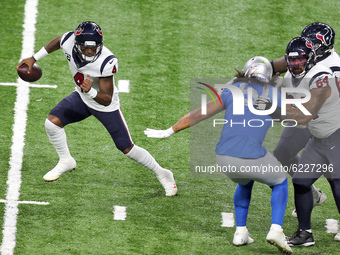 Houston Texans quarterback Deshaun Watson (4) carries the ball pursued by Detroit Lions outside linebacker Jahlani Tavai (51) during the sec...