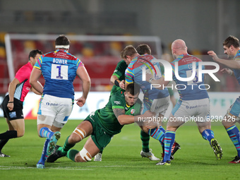  Leicester Tigers hooker Tom Youngs gets caught in the tackle during the Gallagher Premiership match between London Irish and Leicester Tige...