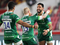  London Irish centre Curtis Rona celebrates his try during the Gallagher Premiership match between London Irish and Leicester Tigers at the...