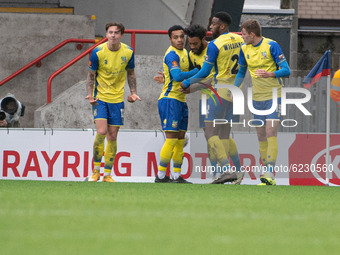 
Solihull players celebrate their equaliser to force extra time during the FA Cup 2nd Round match between Morecambe and Solihull Moors at th...