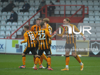Hull Citys Tom Eaves celebrates his goal with teammates    during the FA Cup match between Stevenage and Hull City at the Lamex Stadium, Ste...