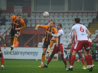 Hull Citys Jordy De Wijs heads ball at goal during the FA Cup match between Stevenage and Hull City at the Lamex Stadium, Stevenage on Sunda...