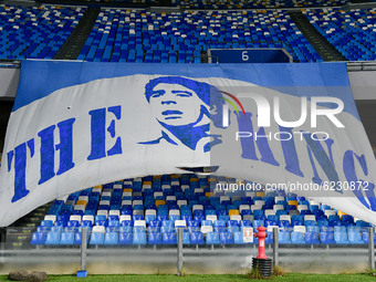 A banner in memory of Diego Armando Maradona during the Serie A match between SSC Napoli and AS Roma at Stadio San Paolo, Naples, Italy on 2...