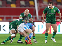 London Irish back row Blair Cowan puts in his tackle during the Gallagher Premiership match between London Irish and Leicester Tigers at the...
