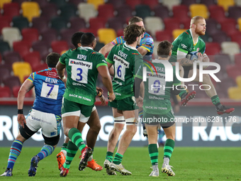 London Irish full back Tom Homer safely takes the high ball during the Gallagher Premiership match between London Irish and Leicester Tigers...