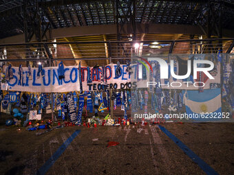 Maradona’s memorial outside the San Paolo Stadium of Napoli Before the Serie A match between SSC Napoli and AC Milan at Stadio San Paolo Nap...