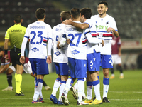 Fabio Quagliarella of UC Sampdoria celebrates with teammates after scoring after scoring during the Serie A football match between Torino FC...