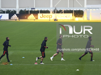 From left: Arthur, Leonardo Bonucci, Matthijs De Ligt and Juan Cuadrado of Juventus FC Juventus players during the training on the eve of th...