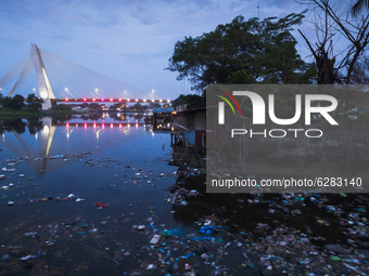 Photo shows  floating plastic and styrofoam trash polluting a corner of Siak River , Pekanbaru, ., Riau Province, Indonesia, Dec 17, 2020....