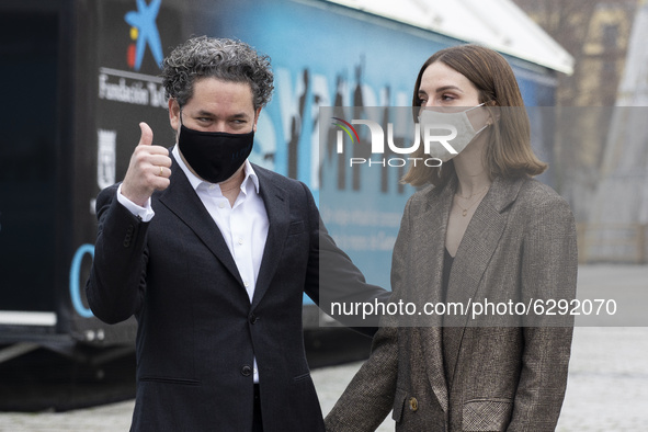 Spanish actress Maria Valverde and Venezuelan orchestra director Gustavo Dudamel during the presentation project 'Symphony' at Madrid Royal...