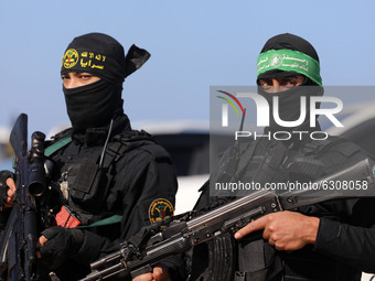 Members of Palestinian militant groups take part in their first-ever joint exercise, in Gaza City December 29, 2020.  (