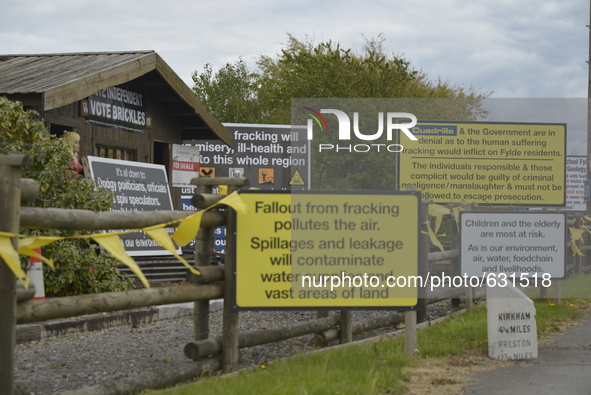 Signs demonstrating, against the gas extraction method of hydraulic fracturing, in Little Plumpton, Lancashire, UK, on Tuesday 9th June 2015...