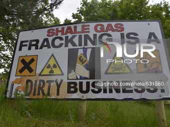 A sign demonstrating, against the gas extraction method of hydraulic fracturing, in Great Plumpton, Lancashire, UK, on Tuesday 9th June 2015...