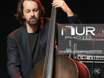 the double bass player Pablo Martín Caminero during the performance I want to sing you at the Conde Duque de Madrid auditorium, in Madrid, S...