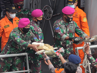 The officers lifted debris of the Sriwijaya Air plane which had just been unloaded from the Indonesian Navy ship on January 10, 2021. The pl...