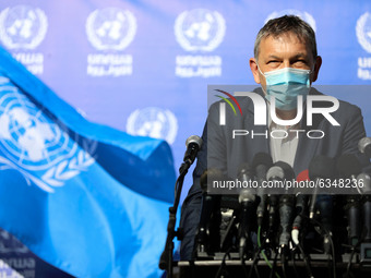 UNRWA's Commissioner-General Philippe Lazzarini, speaks during a press conference at the UNRWA headquarters, amid the outbreak of the corona...