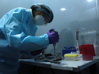 A healthcare worker in PPE shows the process of Genome Sequencing at SpiceHealth's laboratory for all positive samples (Covid-19) from inter...