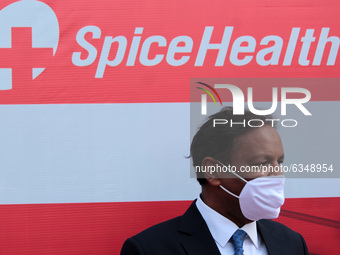 Ajay Singh, Chairman and MD of SpiceJet, addresses media during the launch of 'SpiceHealth' Genome Sequencing Laboratory for all positive sa...
