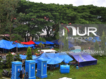 Tents for earthquake survivors at the Manakarra Stadium refugee post, Mamuju Regency, West Sulawesi Province, Indonesia on January 17, 2021....