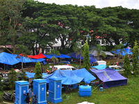 Tents for earthquake survivors at the Manakarra Stadium refugee post, Mamuju Regency, West Sulawesi Province, Indonesia on January 17, 2021....