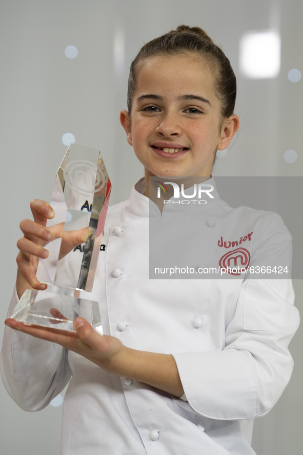 Aurora Ruiz attend the 'MasterChef Junior 8' winner photocall at RTVE on January 20, 2021 in Madrid, Spain. 