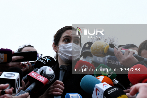 The President of the Community, Isabel Diaz Ayuso, responds to the media in the nearby area in Madrid 20th January, 2021. 
