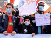 Students take part in a demonstrataion against the government policy, in Paris, France, on January 20, 2021. (